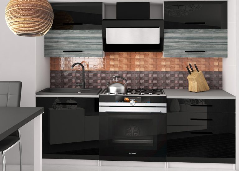 Kuchyňská linka Belini 120 cm černý lesk / šedý antracit Glamour Wood s pracovní deskou Eleganta2 Výrobce INF ELEGANTA2/2/WT/BGW1B/0/B1
