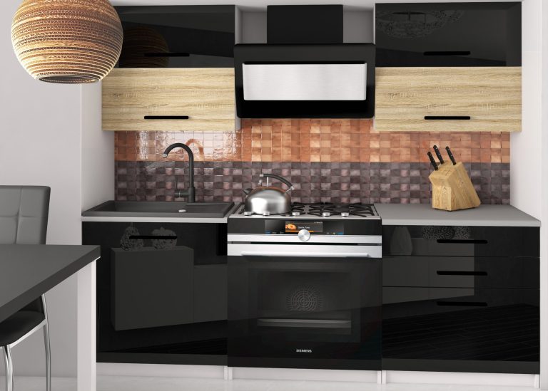 Kuchyňská linka Belini 120 cm černý lesk / dub sonoma s pracovní deskou Eleganta2 Výrobce INF ELEGANTA2/2/WT/BDSB/0/B1