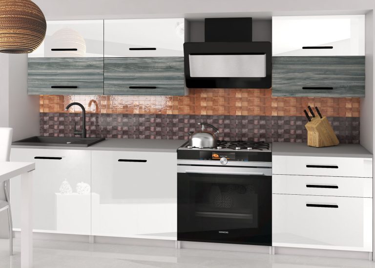 Kuchyňská linka Belini 180 cm bílý lesk / šedý antracit Glamour Wood s pracovní deskou Primera2 Výrobce INF PRIMERA2/2/WT/WGW1W/0/B1