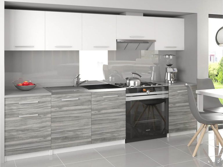 Kuchyňská linka Belini 240 cm bílý mat / šedý antracit Glamour Wood s pracovní deskou Uniqa3 Výrobce TOR UNIQA3/3/WT/WTGW1/0/E