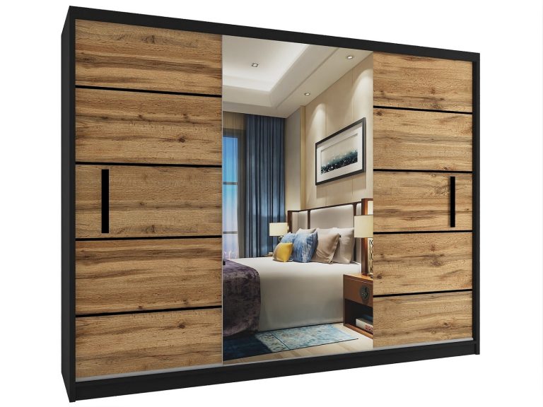 Šatní skříň 232 cm Belini černý mat / dub wotan s posuvnými dveřmi a zrcadlem Výrobce MZ SZP4/2/1B/2DW1L/0/BL