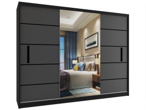 Šatní skříň 232 cm Belini černý mat / šedý mat s posuvnými dveřmi a zrcadlem Výrobce MZ SZP4/2/1B/2SR1L/0/BL