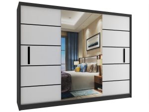 Šatní skříň 232 cm Belini černý mat / bílý mat s posuvnými dveřmi a zrcadlem Výrobce MZ SZP4/2/1B/2W1L/0/BL