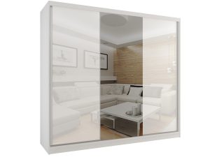 Šatní skříň 232 cm Belini bílý mat / bílý lesk s posuvnými dveřmi a zrcadlem Výrobce BM SZP4/2/W/WI/2W1L/HI