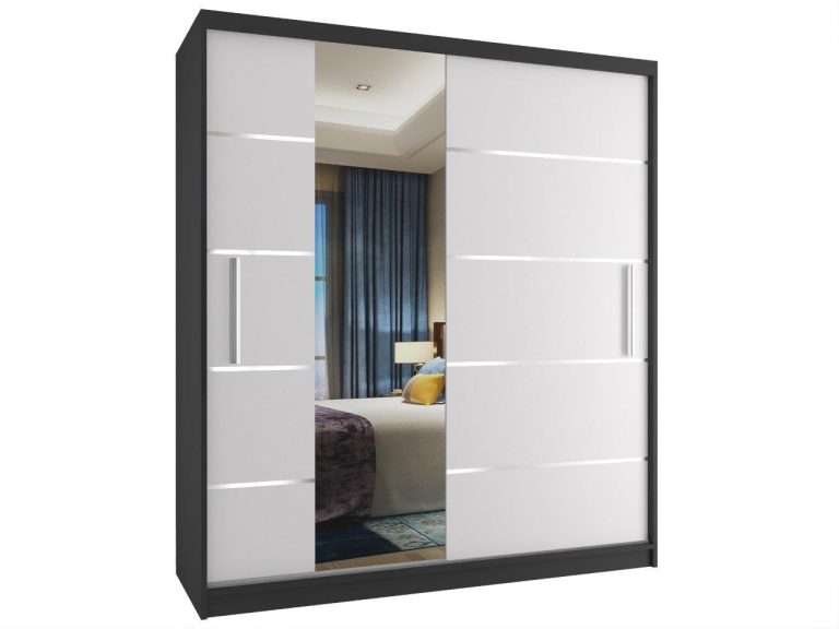Šatní skříň 133 cm Belini černý mat / bílý mat s posuvnými dveřmi a zrcadlem MBP SZP2/2/B/W/0/AL