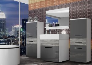 Koupelnový nábytek Belini šedý lesk / šedý antracit Glamour Wood + umyvadlo + zrcadlo Výrobce KOR PM 4/1/W/SGW1/0/ZW