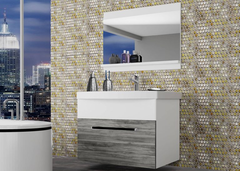 Koupelnový nábytek Belini šedý antracit Glamour Wood / bílý mat + umyvadlo + zrcadlo Výrobce ROD M 1/0/W/GW1W/0/ZW
