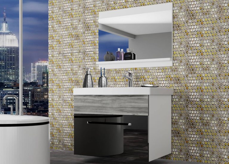 Koupelnový nábytek Belini černý lesk / šedý antracit Glamour Wood + umyvadlo + zrcadlo Výrobce ROD PM 1/0/W/BGW1/0/ZW