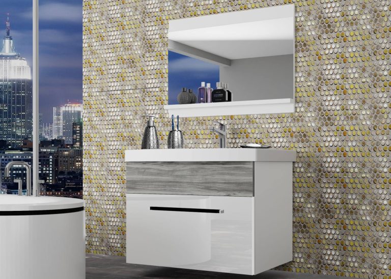 Koupelnový nábytek Belini bílý lesk / šedý antracit Glamour Wood + umyvadlo + zrcadlo Výrobce ROD PM 1/0/W/WGW1/0/ZW
