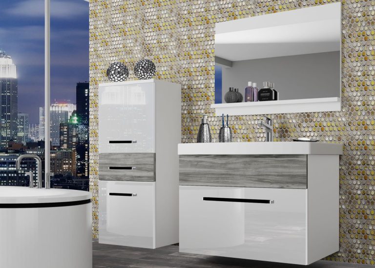 Koupelnový nábytek Belini bílý lesk
 / šedý antracit Glamour Wood + umyvadlo + zrcadlo Výrobce ROD PM 2/0/W/WGW1/0/ZW
