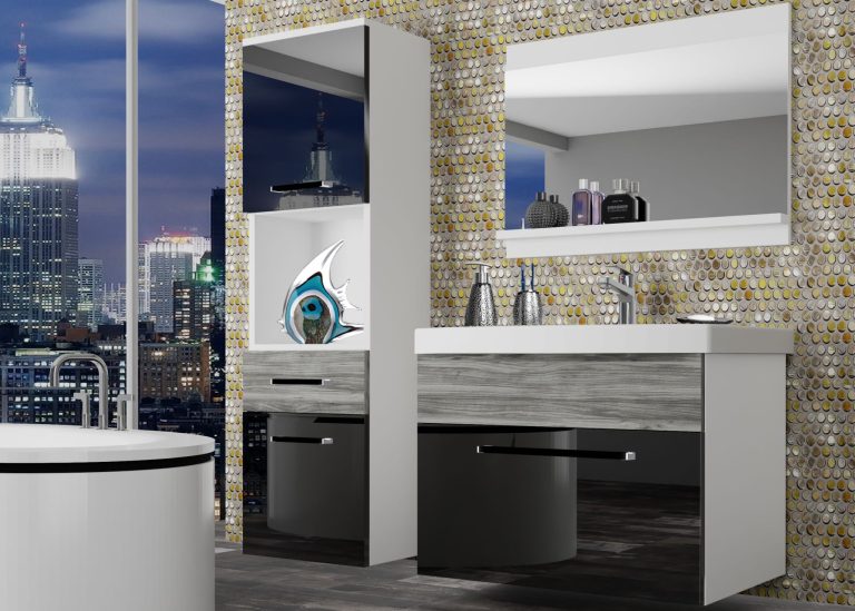 Koupelnový nábytek Belini černý lesk / šedý antracit Glamour Wood + umyvadlo + zrcadlo Výrobce ROD PM 3/0/W/BGW1/0/ZW