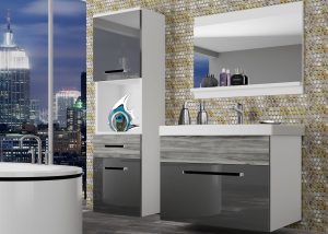 Koupelnový nábytek Belini šedý lesk / šedý antracit Glamour Wood + umyvadlo + zrcadlo Výrobce ROD PM 3/0/W/SGW1/0/ZW