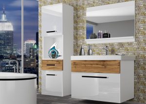 Koupelnový nábytek Belini bílý lesk / dub wotan + umyvadlo + zrcadlo Výrobce ROD PM 3/0/W/WDW/0/ZW