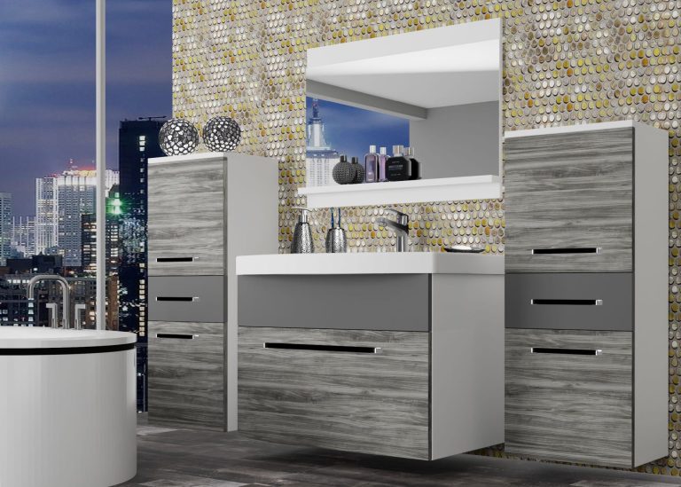 Koupelnový nábytek Belini šedý antracit Glamour Wood
 / šedý mat + umyvadlo + zrcadlo Výrobce ROD M 4/0/W/GW1SR/0/ZW