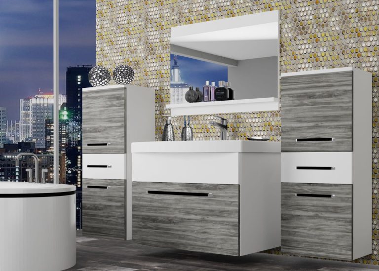 Koupelnový nábytek Belini šedý antracit Glamour Wood / bílý mat + umyvadlo + zrcadlo Výrobce ROD M 4/0/W/GW1W/0/ZW