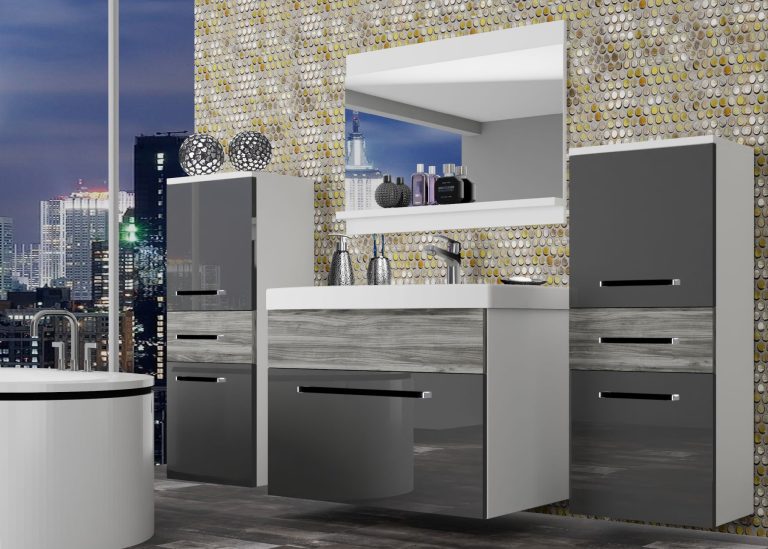 Koupelnový nábytek Belini šedý lesk / šedý antracit Glamour Wood + umyvadlo + zrcadlo Výrobce ROD PM 4/0/W/SGW1/0/ZW