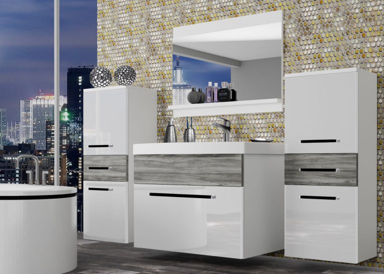 Koupelnový nábytek Belini bílý lesk / šedý antracit Glamour Wood + umyvadlo + zrcadlo Výrobce ROD PM 4/0/W/WGW1/0/ZW