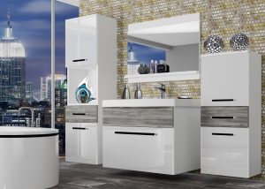 Koupelnový nábytek Belini bílý lesk / šedý antracit Glamour Wood + umyvadlo + zrcadlo Výrobce ROD PM 5/0/W/WGW1/0/ZW