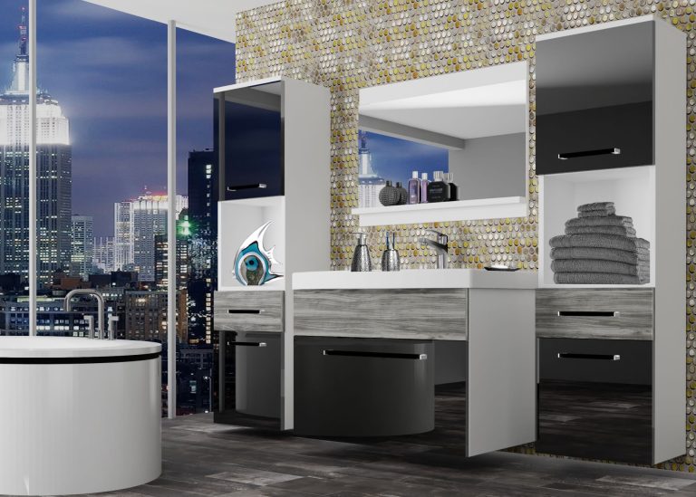 Koupelnový nábytek Belini černý lesk / šedý antracit Glamour Wood + umyvadlo + zrcadlo Výrobce ROD PM 6/0/W/BGW1/0/ZW