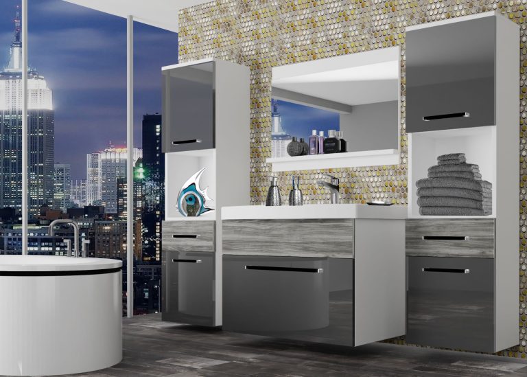 Koupelnový nábytek Belini šedý lesk / šedý antracit Glamour Wood + umyvadlo + zrcadlo Výrobce ROD PM 6/0/W/SGW1/0/ZW