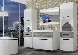 Koupelnový nábytek Belini bílý lesk / šedý antracit Glamour Wood + umyvadlo + zrcadlo Výrobce ROD PM 6/0/W/WGW1/0/ZW
