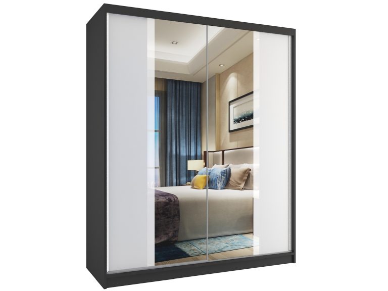 Šatní skříň 133 cm Belini černý mat / bílý mat s posuvnými dveřmi a zrcadlem Výrobce MV SZP2/2/B/W/W/HI