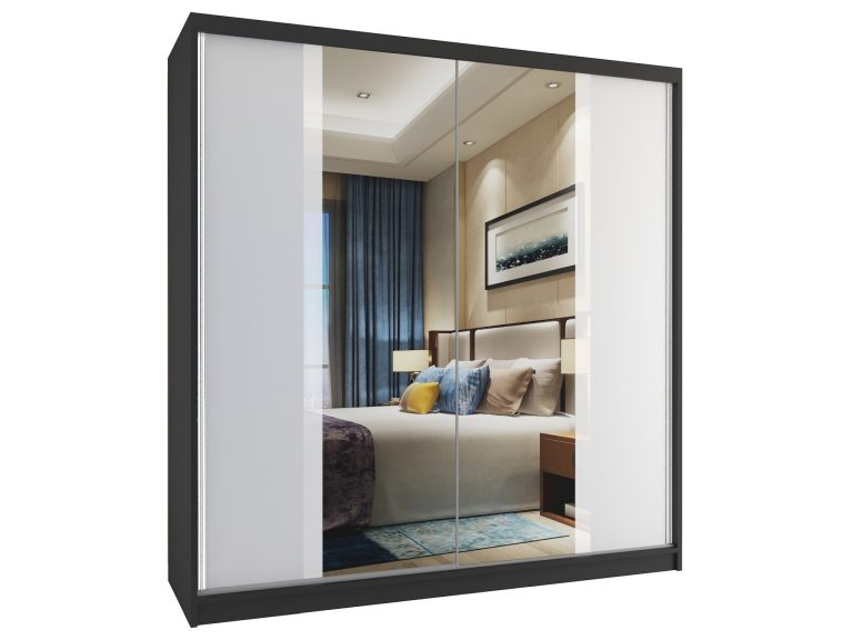 Šatní skříň 158 cm Belini černý mat / bílý mat s posuvnými dveřmi a zrcadlem Výrobce MV SZP3/2/B/W/W/HI