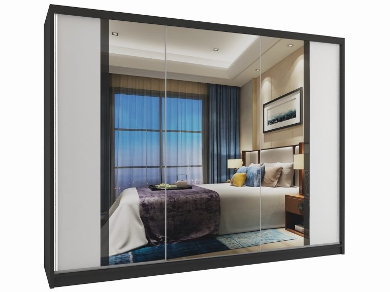 Šatní skříň 232 cm Belini černý mat / bílý mat s posuvnými dveřmi a zrcadlem Výrobce MV SZP4/1/1B/2W1L/B/HI