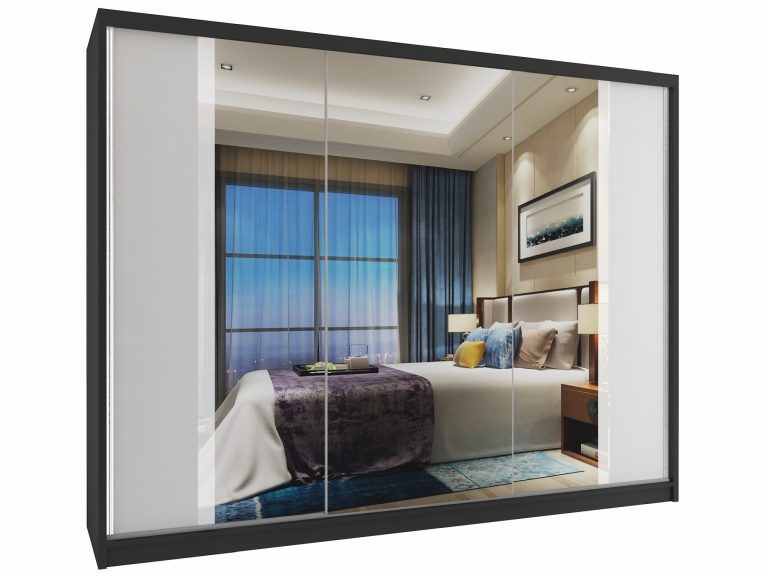 Šatní skříň 232 cm Belini černý mat / bílý mat s posuvnými dveřmi a zrcadlem Výrobce MV SZP4/2/1B/2W1L/W/HI