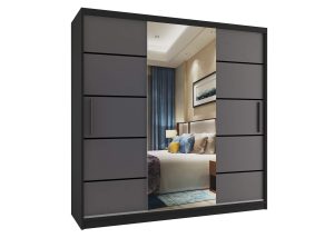 Šatní skříň 200 cm Belini černý mat / šedý mat s posuvnými dveřmi zrcadlem a zásuvkami Výrobce MT SZP5/1/B/SR/0/KLP
