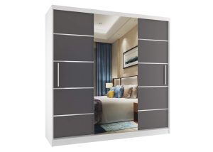 Šatní skříň 200 cm Belini bílý mat / šedý mat s posuvnými dveřmi zrcadlem a zásuvkami Výrobce MT SZP5/1/W/SR/0/KLAL