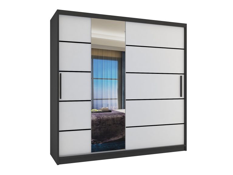 Šatní skříň 200 cm Belini černý mat / bílý mat s posuvnými dveřmi zrcadlem a zásuvkami Výrobce MBP SZP5/1/B/W/0/KLP


