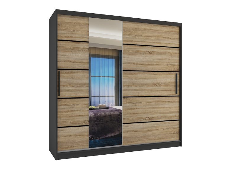Šatní skříň 200 cm Belini černý mat / dub sonoma s posuvnými dveřmi zrcadlem a zásuvkami Výrobce MBP SZP5/1/B/DS/0/KLP