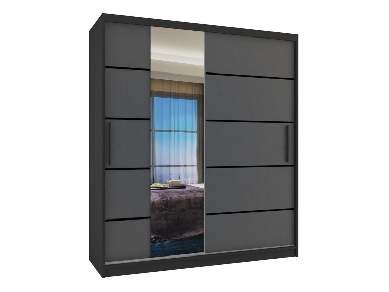 Šatní skříň 133 cm Belini černý mat / šedý mat s posuvnými dveřmi zrcadlem a zásuvkami Výrobce MBP SZP6/1/B/SR/0/KLP