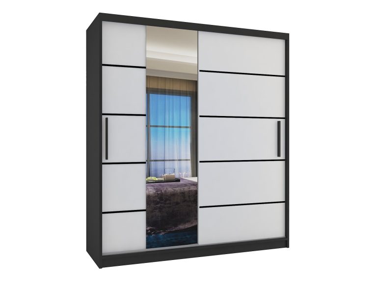 Šatní skříň 133 cm Belini černý mat / bílý mat s posuvnými dveřmi zrcadlem a zásuvkami Výrobce MBP SZP6/1/B/W/0/KLP