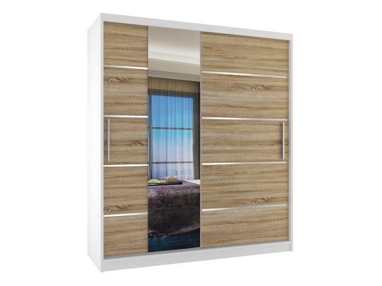 Šatní skříň 133 cm Belini bílý mat / dub sonoma s posuvnými dveřmi zrcadlem a zásuvkami Výrobce MBP SZP6/1/W/DS/0/KLAL