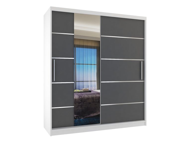 Šatní skříň 133 cm Belini bílý mat / šedý mat s posuvnými dveřmi zrcadlem a zásuvkami Výrobce MBP SZP6/1/W/SR/0/KLAL