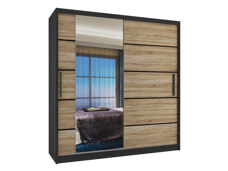 Šatní skříň 158 cm Belini černý mat / dub sonoma s posuvnými dveřmi zrcadlem a zásuvkami Výrobce MBP SZP7/0/B/DS/0/KLP