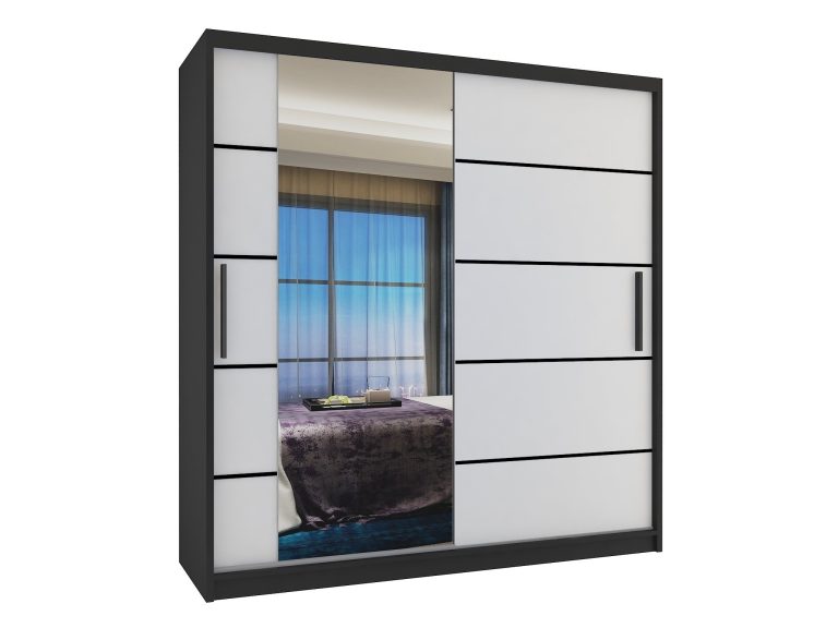 Šatní skříň 158 cm Belini černý mat / bílý mat s posuvnými dveřmi zrcadlem a zásuvkami Výrobce MBP SZP7/0/B/W/0/KLP