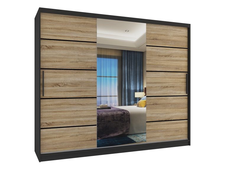 Šatní skříň 232 cm Belini černý mat / dub sonoma s posuvnými dveřmi zrcadlem a zásuvkami Výrobce MBP SZP8/0/1B/2DS1L/0/KLP