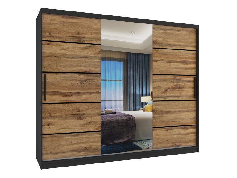 Šatní skříň 232 cm Belini černý mat / dub wotan s posuvnými dveřmi zrcadlem a zásuvkami Výrobce MBP SZP8/0/1B/2DW1L/0/KLP