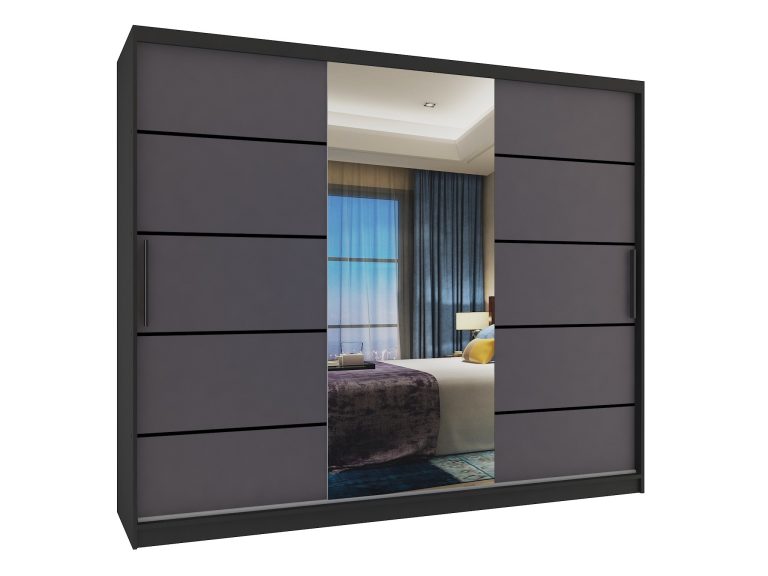 Šatní skříň 232 cm Belini černý mat / šedý mat s posuvnými dveřmi zrcadlem a zásuvkami Výrobce MBP SZP8/0/1B/2SR1L/0/KLP