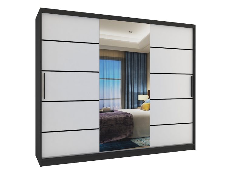 Šatní skříň 232 cm Belini černý mat / bílý mat s posuvnými dveřmi zrcadlem a zásuvkami Výrobce MBP SZP8/0/1B/2W1L/0/KLP