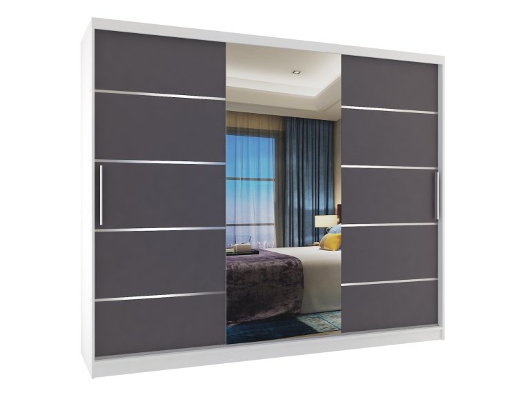 Šatní skříň 232 cm Belini bílý mat / šedý mat s posuvnými dveřmi zrcadlem a zásuvkami Výrobce MBP SZP8/0/1W/2SR1L/0/KLAL