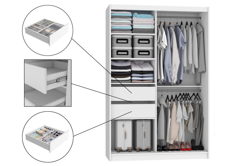 Šatní skříň 133 cm Belini černý mat / bílý mat s posuvnými dveřmi zrcadlem a zásuvkami Výrobce MBP SZP6/1/B/W/0/KLP
