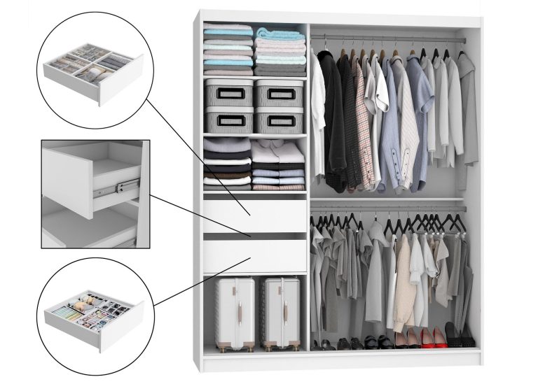 Šatní skříň 158 cm Belini bílý mat / bílý lesk s posuvnými dveřmi zrcadlem a zásuvkami Výrobce MGB SZP7/0/W/1L5W/KLAL