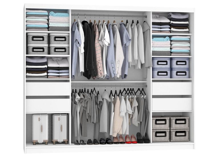 Šatní skříň 232 cm Belini bílý mat s posuvnými dveřmi zrcadlem a zásuvkami Výrobce MBP SZP8/0/1W/2W1L/0/KLAL