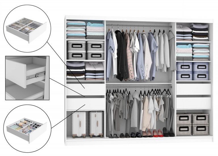 Šatní skříň 232 cm Belini bílý mat s posuvnými dveřmi zrcadlem a zásuvkami Výrobce MBP SZP8/0/1W/2W1L/0/KLAL