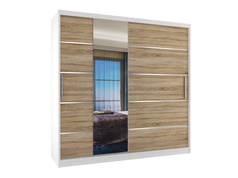 Šatní skříň 200 cm Belini bílý mat / dub sonoma s posuvnými dveřmi zrcadlem a zásuvkami Výrobce MBP SZP5/1/W/DS/0/KLAL

