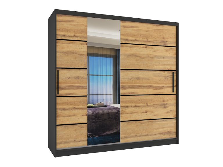 Šatní skříň 200 cm Belini černý mat / dub wotan s posuvnými dveřmi zrcadlem a zásuvkami Výrobce MBP SZP5/1/B/DW/0/KLP

